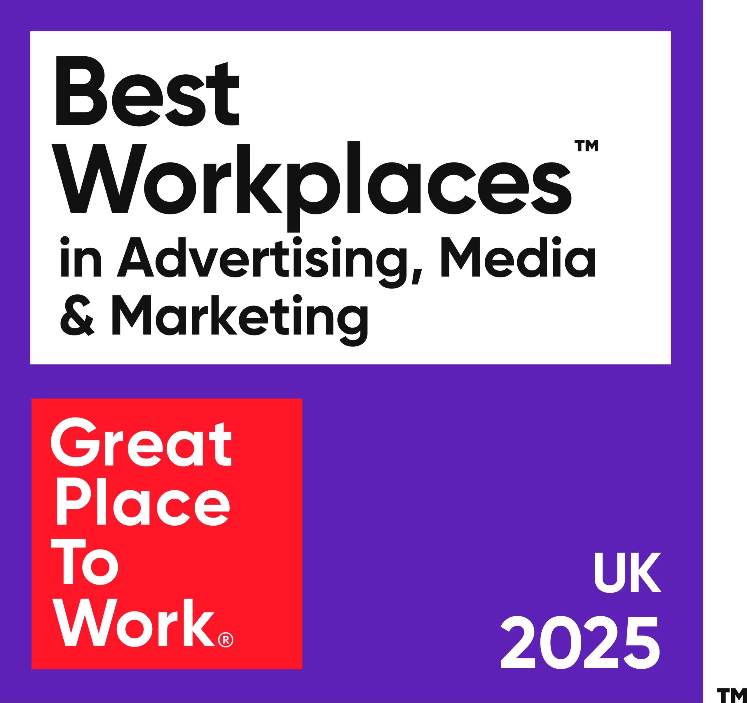 Best Workplaces in Advertising, Media & Marketing badge, UK 2025, from Great Place to Work